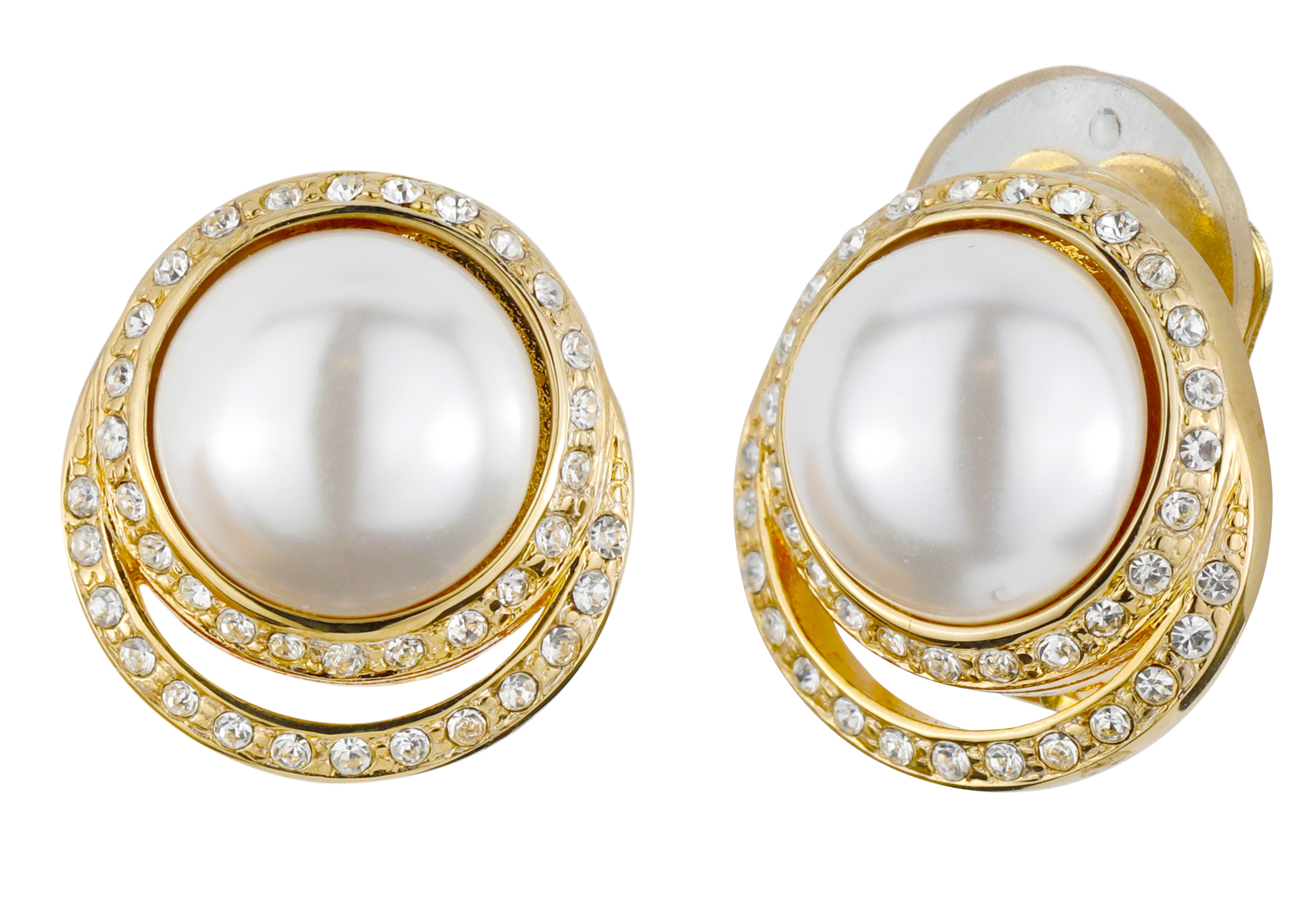 Boucles D'oreilles Rondes Vintage Or Avec Perles Blanches - Occasion, Référence *4609